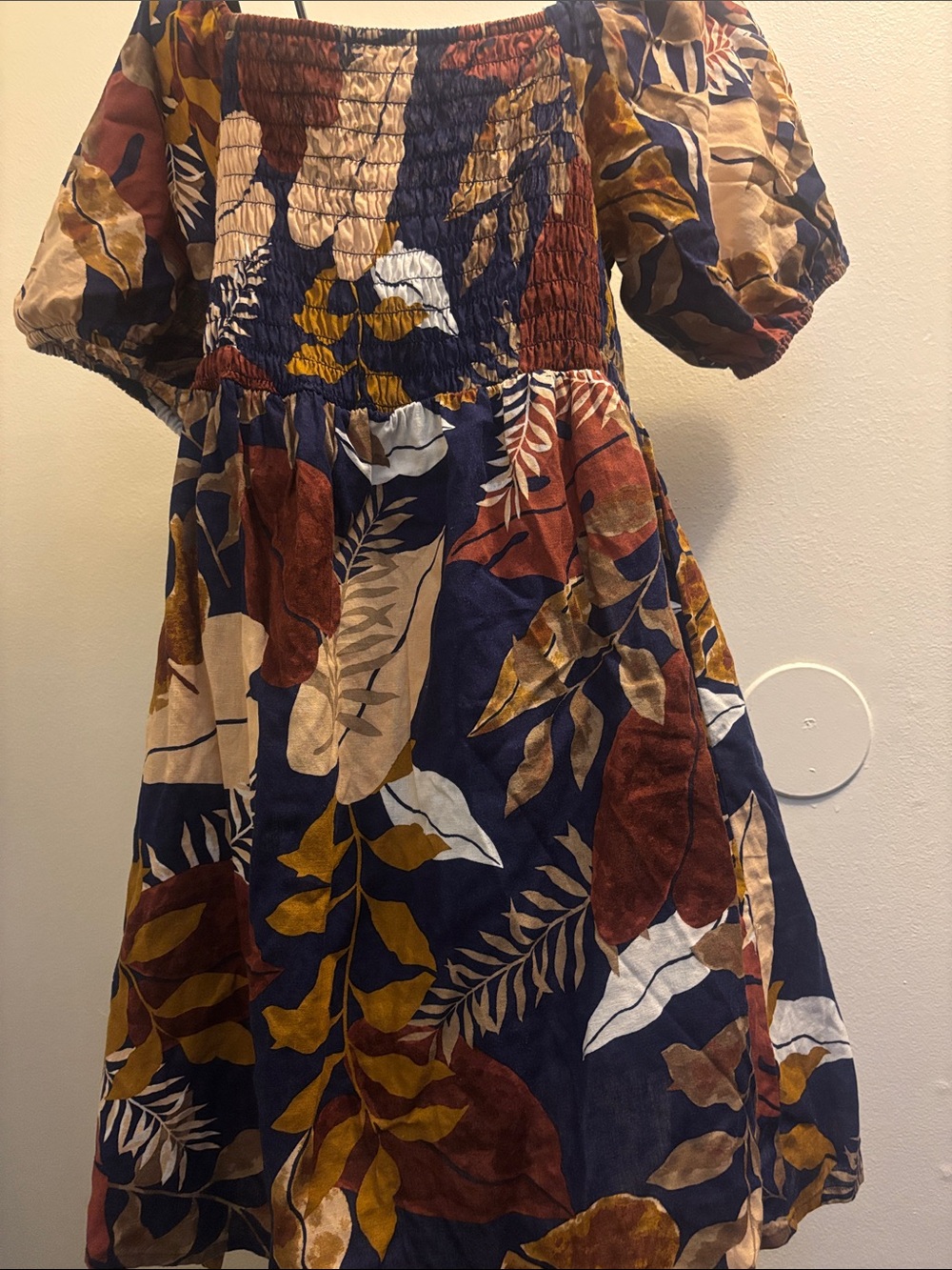 Cupio Navy Floral Puff-Sleeve Dress with Rust & Mustard Accents